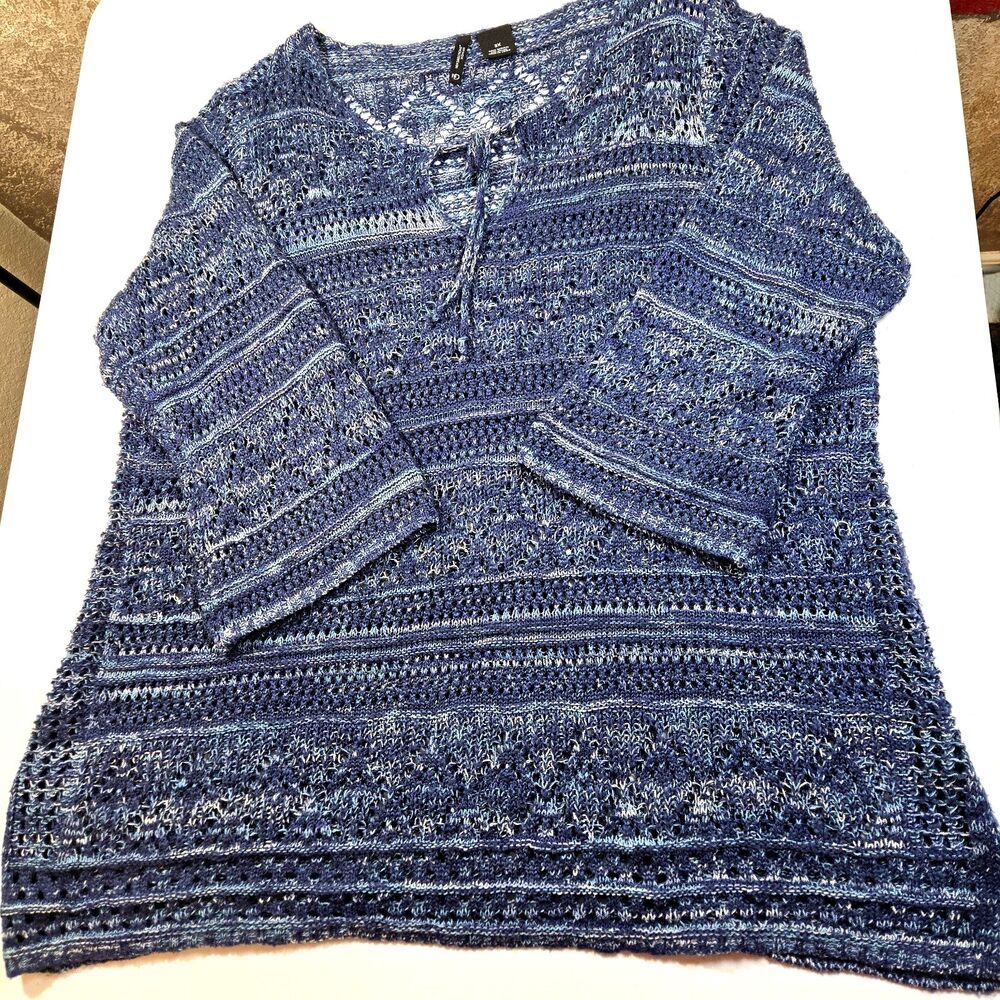 New Directions Open Knit Crochet Sweater Tunic Boho Bell Sleeve Blue Top